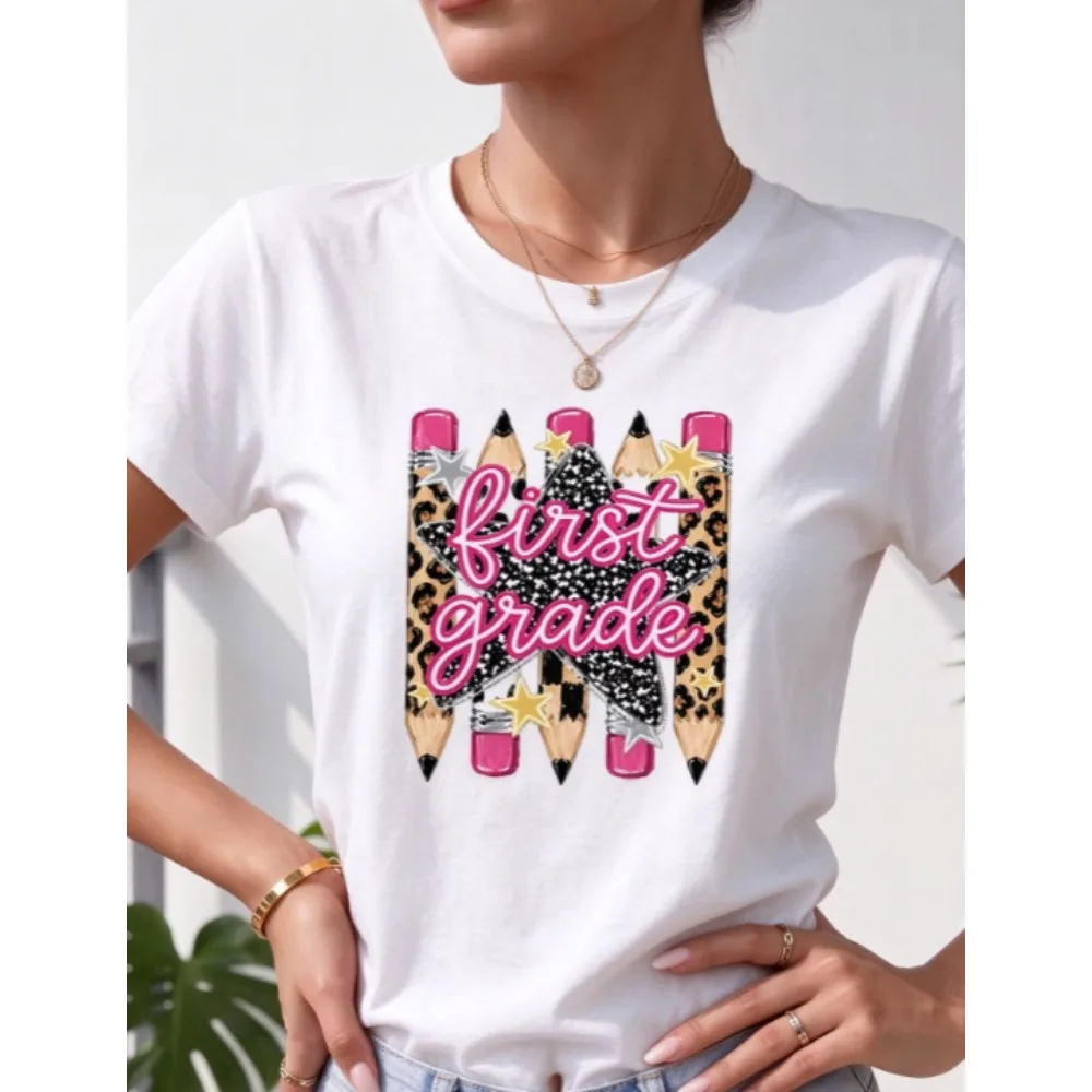 First Grade Leopard Pencil Star Graphic Women Cotton T Shirt Casual Crew Neck Short Sleeve Back To School Tee