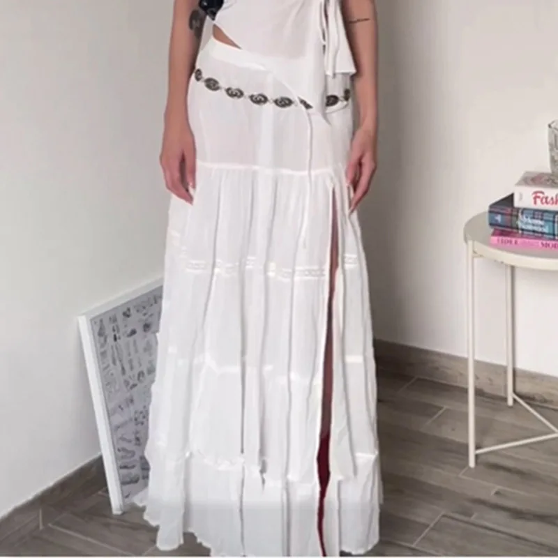 Women Cotton Split Solid White Dress High Waist Fashion Ankle Length Sexy Long Skirt Summer