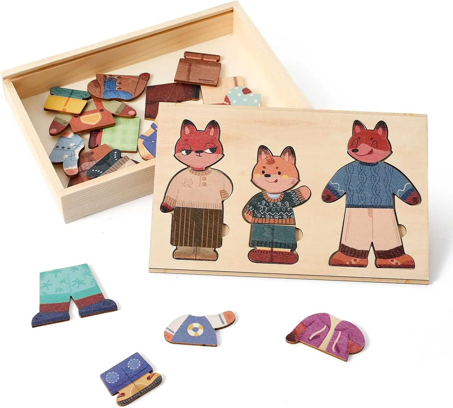 

Wooden Fox Family Dress up Puzzle for Toddlers 1-3, Animal Puzzle Toy Sorting & Matching with Storage Case, Learning Educational