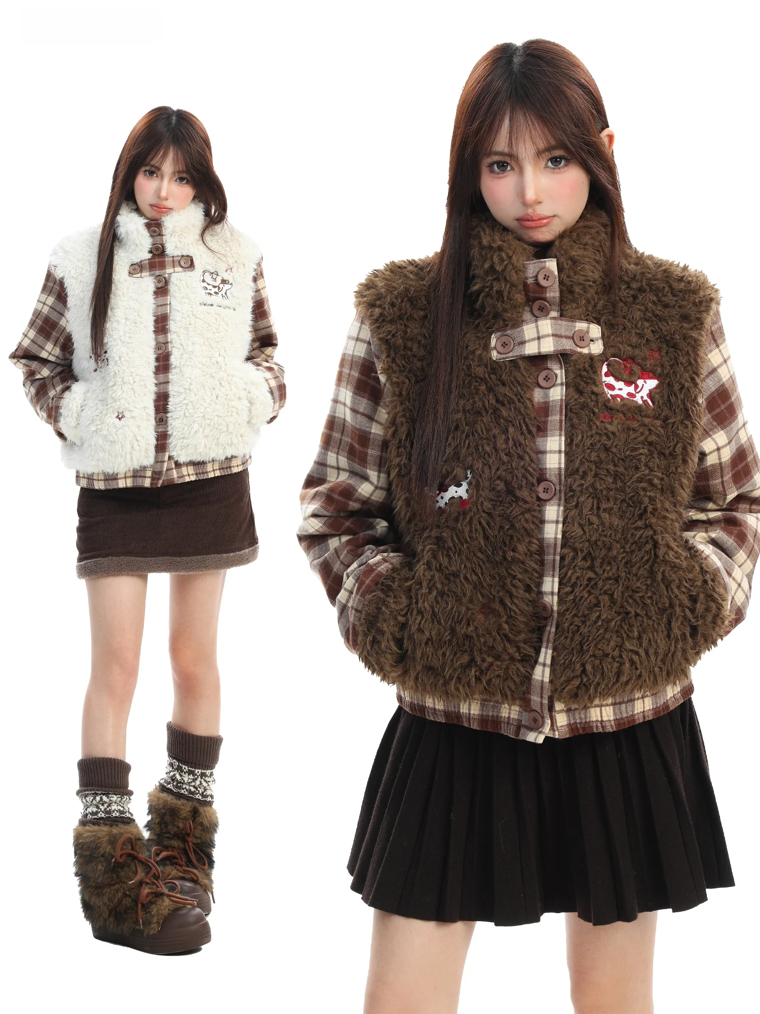 

Women's Cotton Jaet Coat Patchwork Stand Collar Winter Design Lamb Velvet Cotton Clothes Sweet Japanese Sle Loose Fit