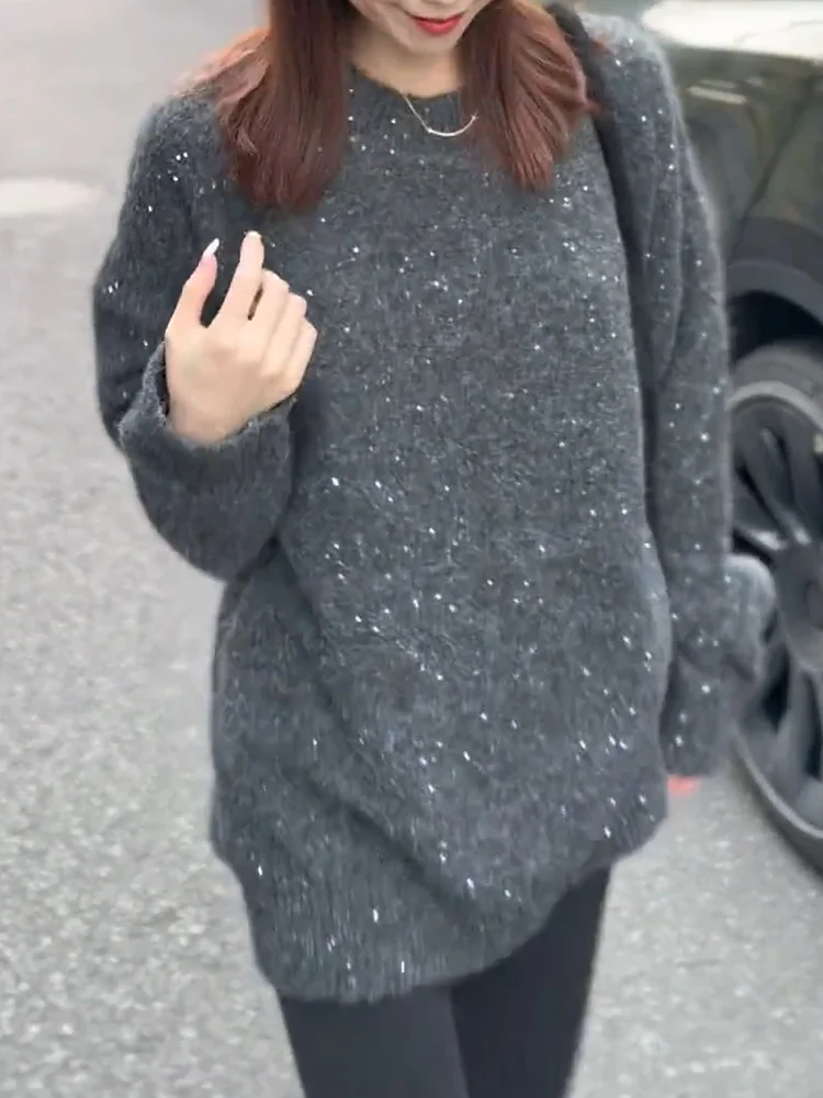 

Korean Sle round Ne Knitted Sweater iny Sequins plus Size Faionable Versatile Slimming Top for Women Autumn New Arrival