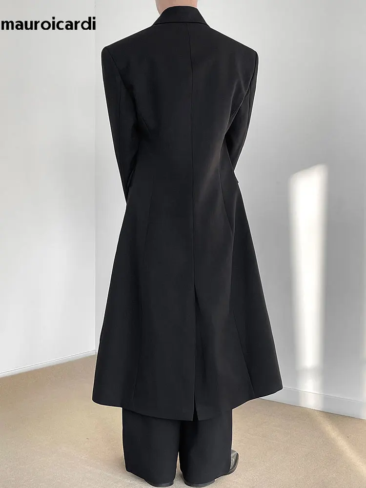 Mauroicardi Spring Autumn Long Fitted Black Trench Coat for Men Shoulder Pads Peaked Lapel Double Breasted Luxury Chic Overcoat 5 Mauroicardi Spring Autumn Long Fitted Black Trench Coat for Men Shoulder Pads Peaked Lapel Double Breasted Luxury Chic Overcoat 5