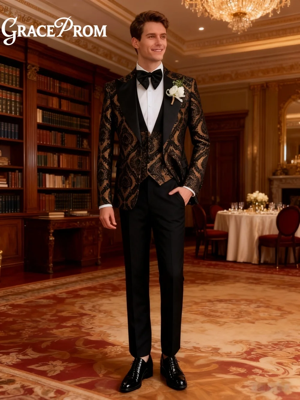 

Изысканный жаккардовый мужской костюм со стрелками и лацканами из 3 предметов для свадьбы, жениха, официальный праздничный костюм, пиджаки, брюки, мужской костюм