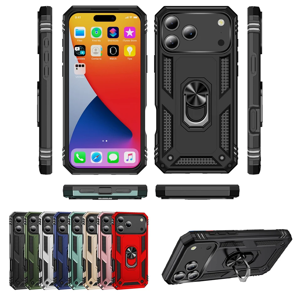 Luxuriöse Stoßfeste Schutzhülle für iPhone 17 17e 16e 16 15 14 13 12 11 Pro X XR XS Max 8 7 6 Plus mit Metallring-Halterung – Detail 1