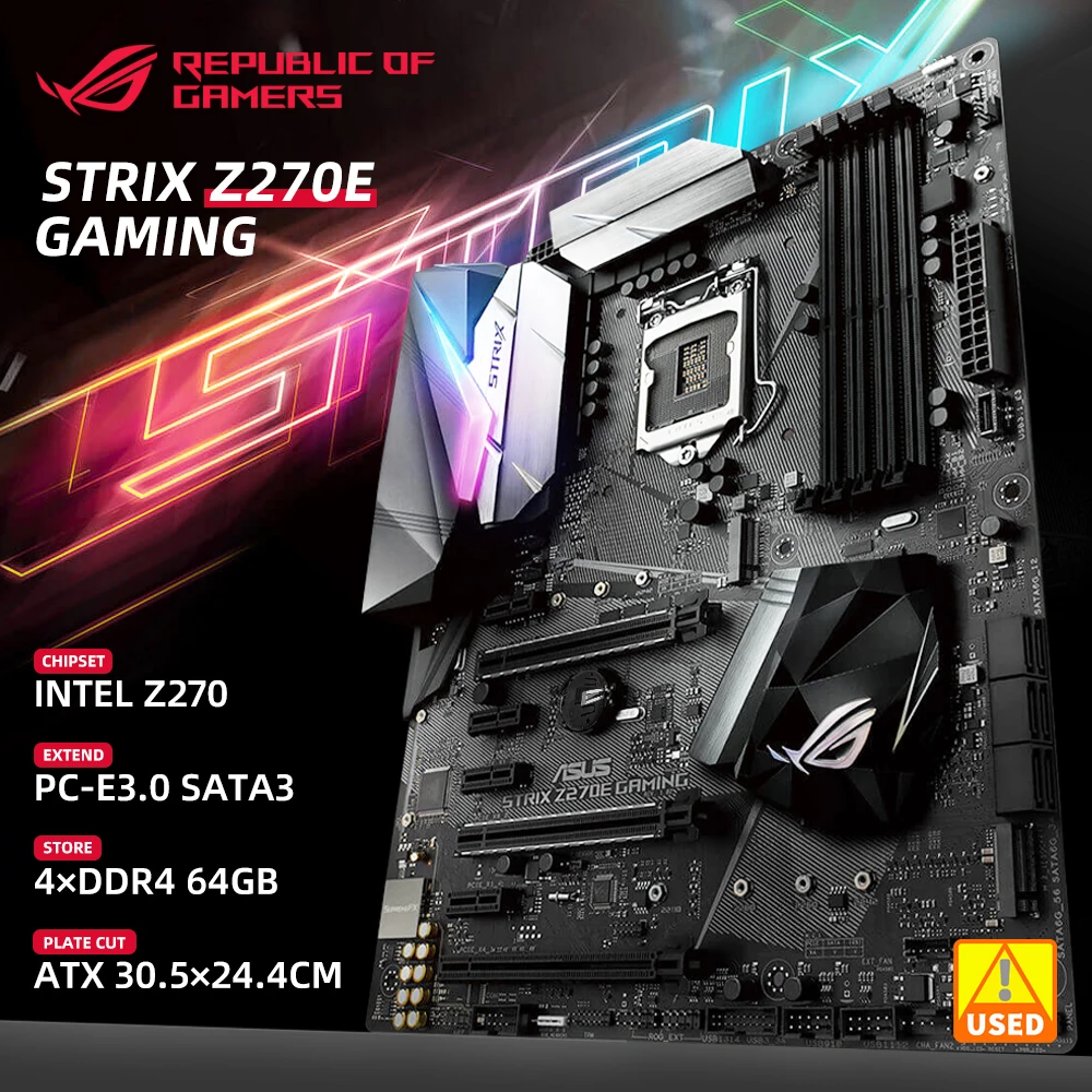 

Материнская плата ASUS ROG STRIX Z270E игровая, б/у материнская плата LGA1151 DDR4 DP HDMI DVI M.2 ATX со встроенным Wi-Fi переменного тока и USB 3,1 Aura Sync RGB LED