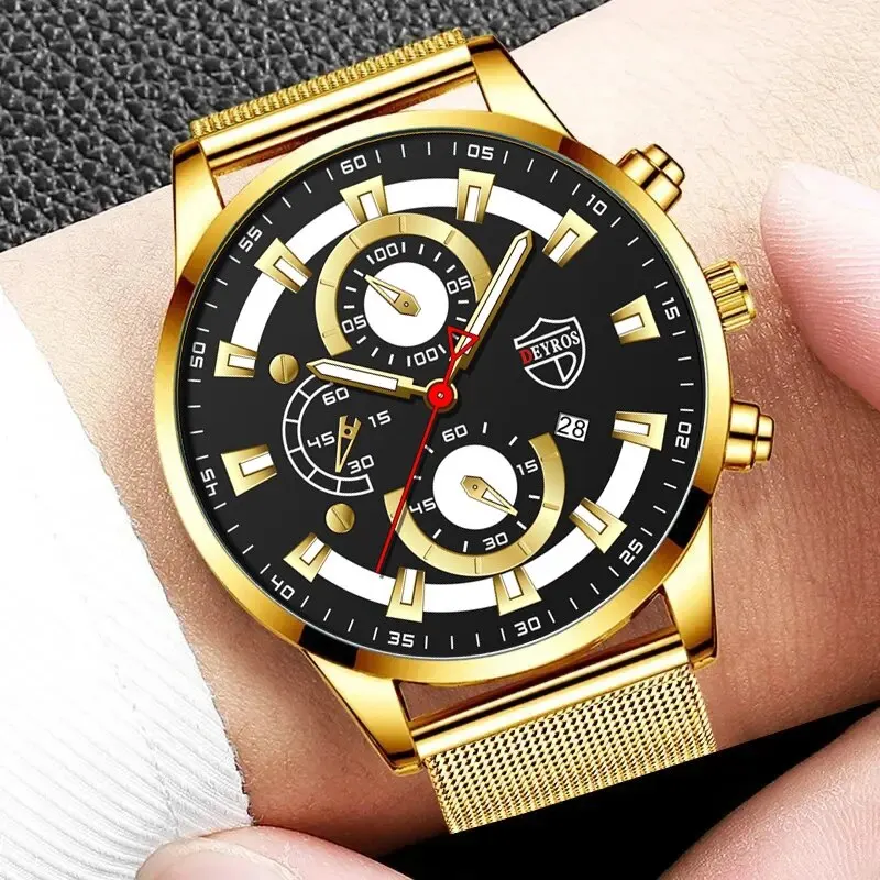 DEYROS Fashion Business Stainless Steel Mesh Belt Watches Calendar Luxury Gold Mens Quartz Wristwatch Men Casual Sports Watch