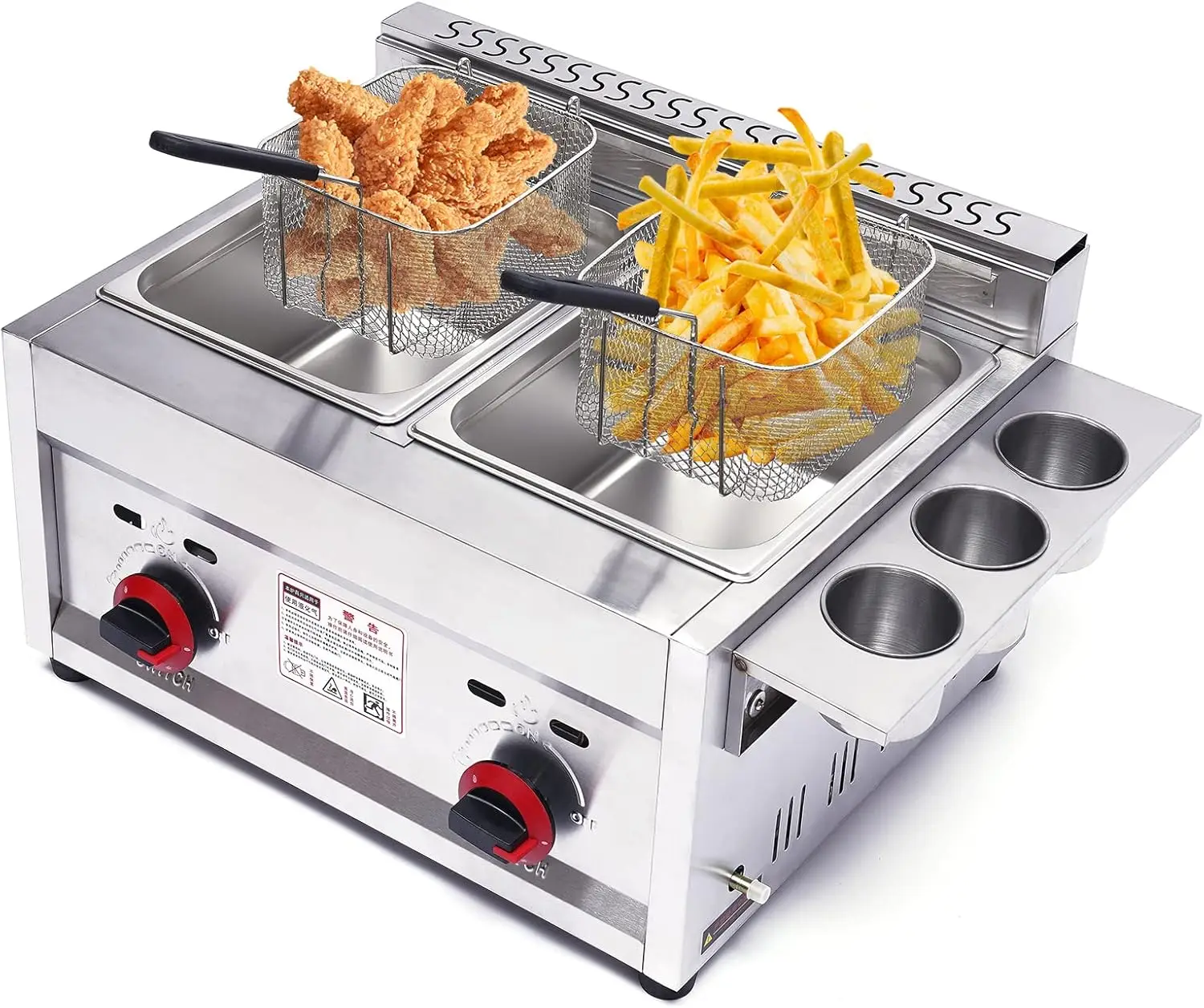 Gewerbliche Gas-Fritteuse 12L, Edelstahl-Doppelbehälter-Fritteuse für die Arbeitsplatte mit 2 herausnehmbaren Körben & Deckel, Silber