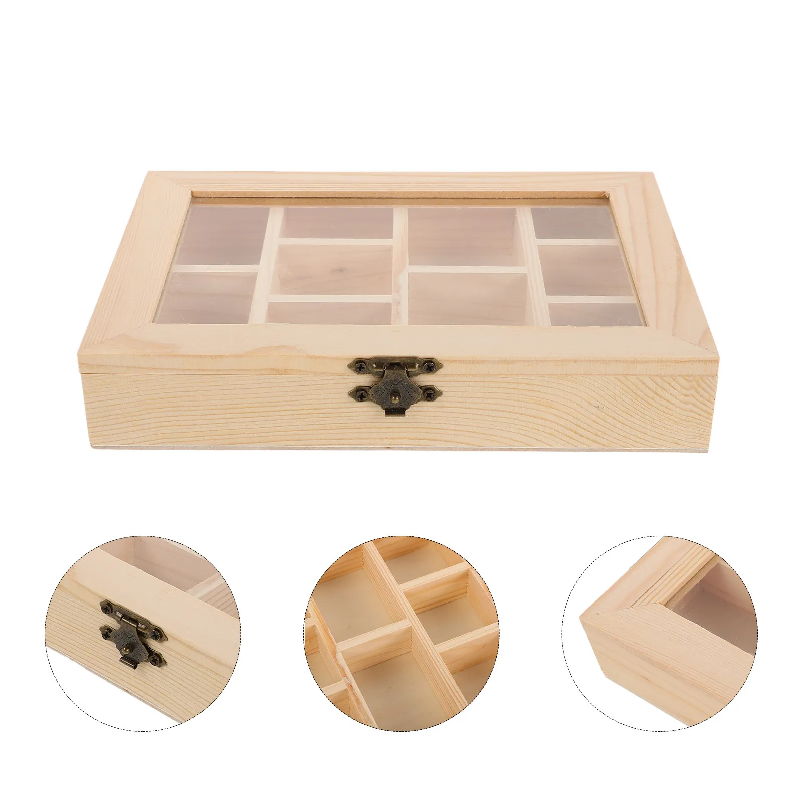 Caja expositora de minerales de madera con 10 compartimentos, bandeja para colección de cristales con tapa de cristal transparente para especímenes de rocas, organización de joyas y decoración del hogar