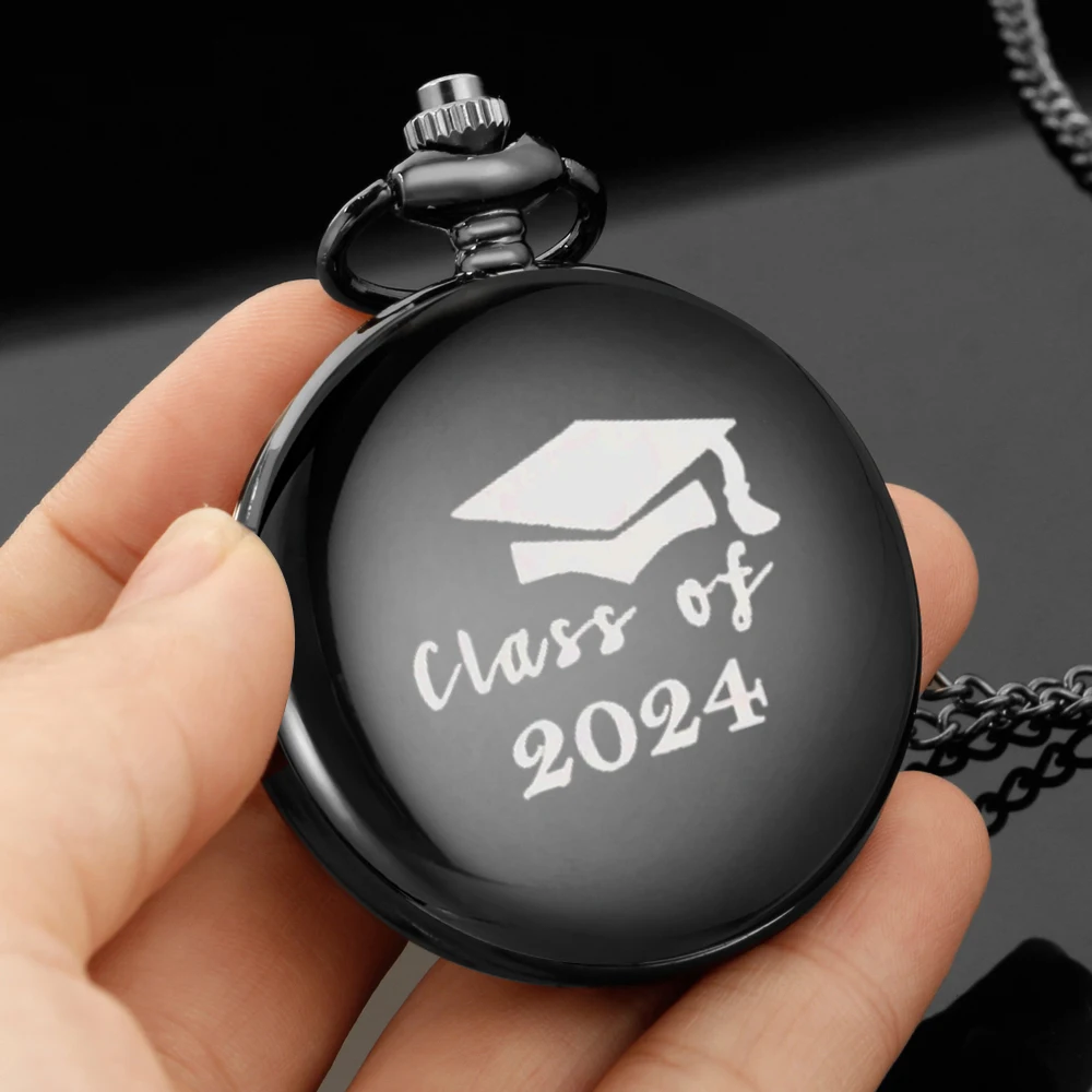 

To class of 2024 carving english alphabet face pocket watch a belt chain Black quartz watch graduation ceremony perfect gift