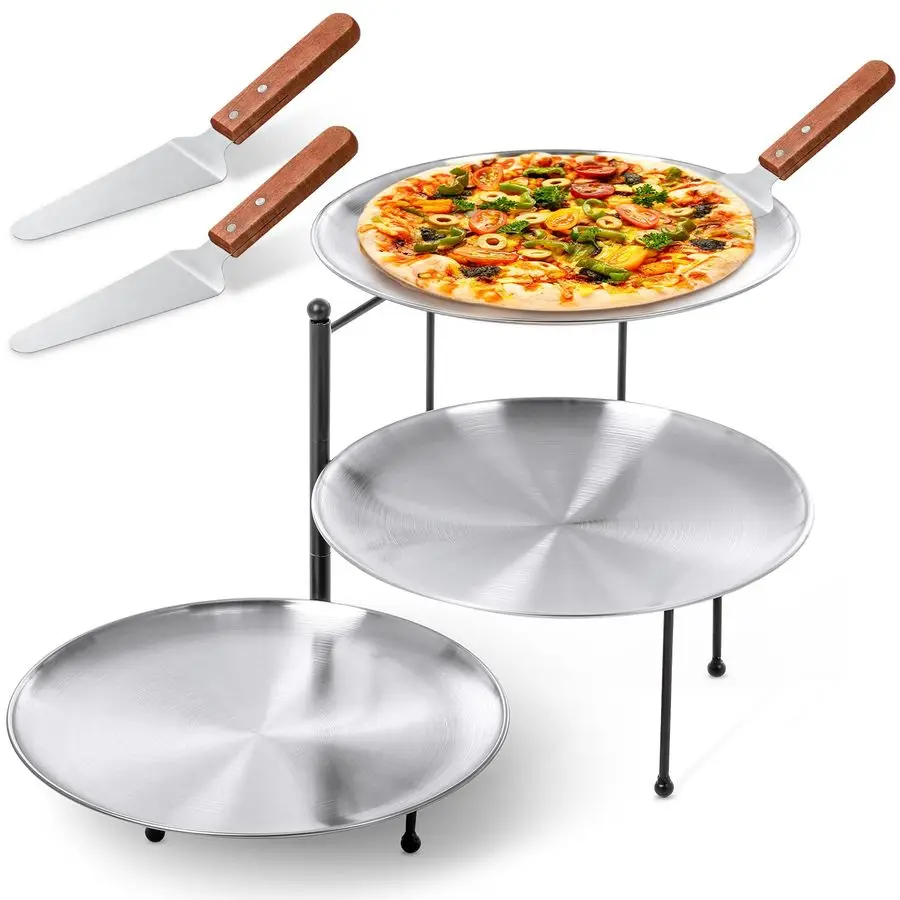 

Pcs Pizza Pan Riser Stands Sets Includes 1 Pcs Tiered Tray Stand 3 Stainless Steel Pizza Pan and 3 Wood Handle Knife for Home, R