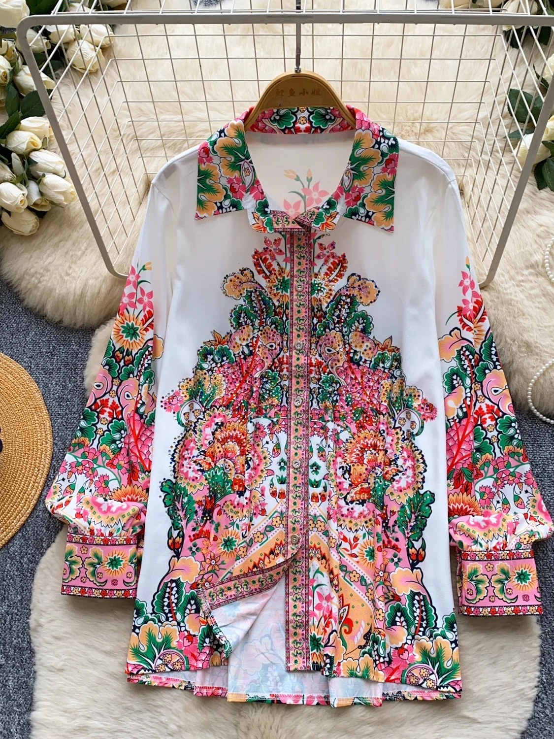 

Korean Style Commuter Loose Long Sleeve Shirt Women's Summer Breathable Casual Top Skin-friendly Print Turn-down Collar Open ...