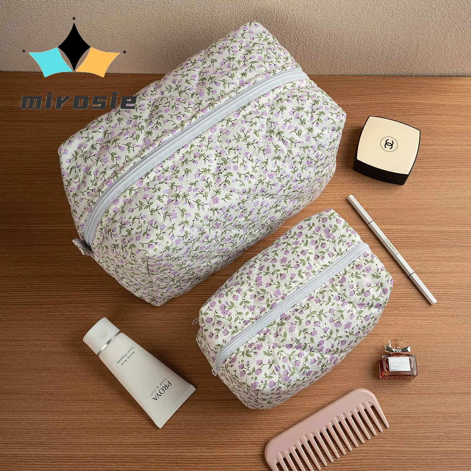 MIROSIE-Purple Floral Makeup Bag with Zipper, Portable Travel Skincare Storage Pouch for Women, Makeup Organizer Bag, Big Size