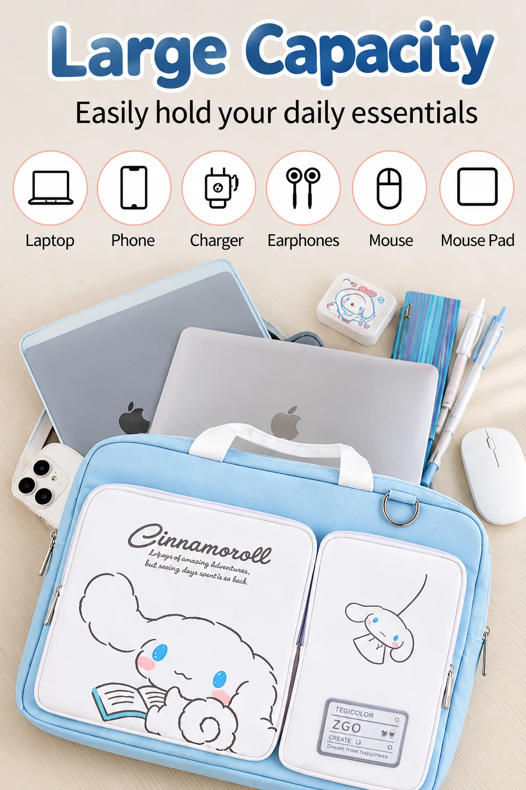 Sanrio Cinnamoroll Laptop Bag Large Capacity Cute Kawaii Notebook Sleeve Handbag Crossbody Shoulder Bag Shockproof Laptop Case