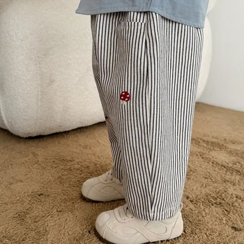 2026 Fall New Toddler Kids Pants Cotton Cartoon Embroidered Harem Pants Baby Boy Casual Striped Denim Baggy Trousers 2