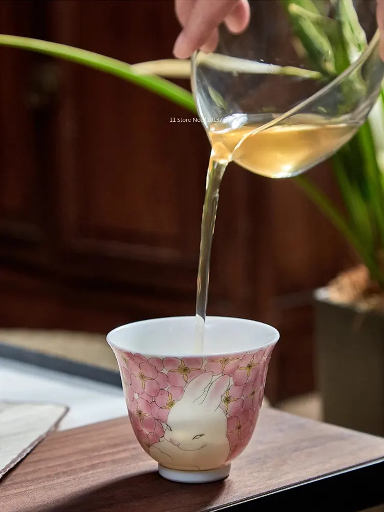 

Ceramic Peach Rabbit Flower Mouth Cup Ladies Pink Tea Drinking Cup Tea Set Family Party Small Wine Cups High-grade Juice Cup