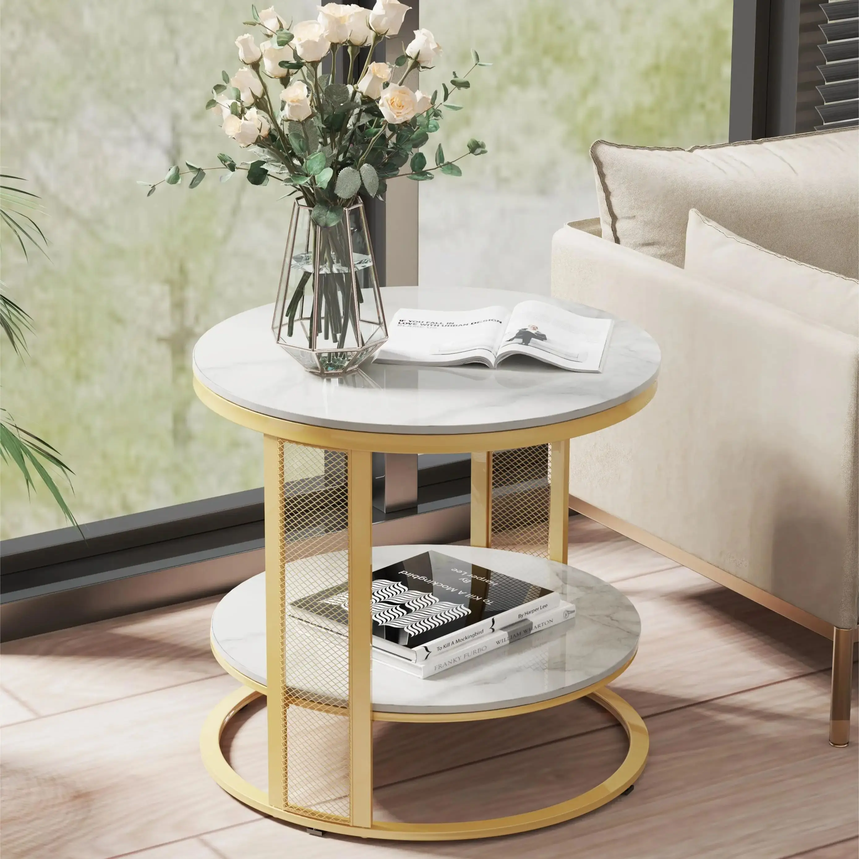 2 Tier Marble Effect Coffee Table Large Sofa Side End Table Golden Metal Frame