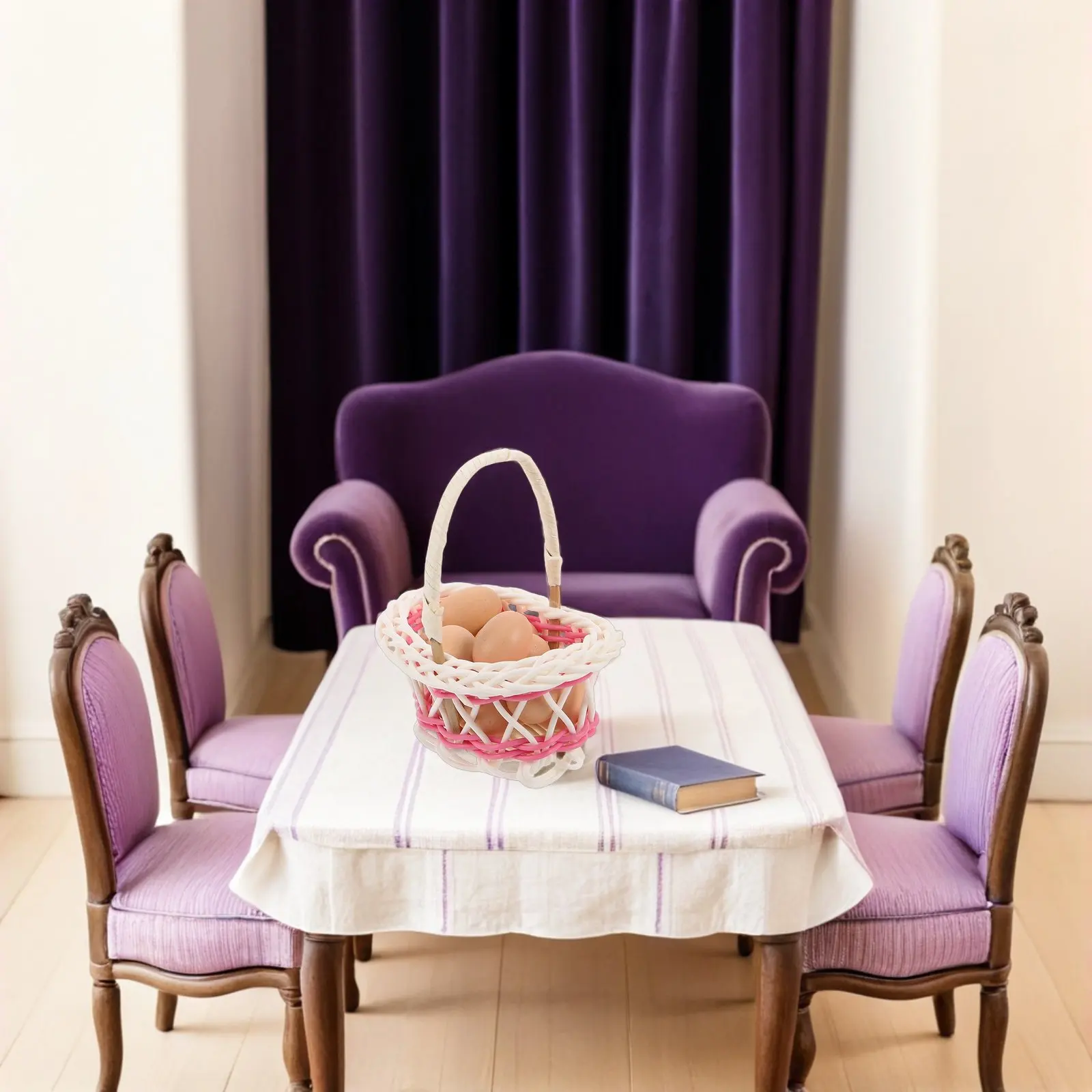 

4Sets Easter Egg Baskets Set Miniature Kitchen Props Imitation Eggs Bamboo Basket for Kids Pretend Play Holiday Party Decoration