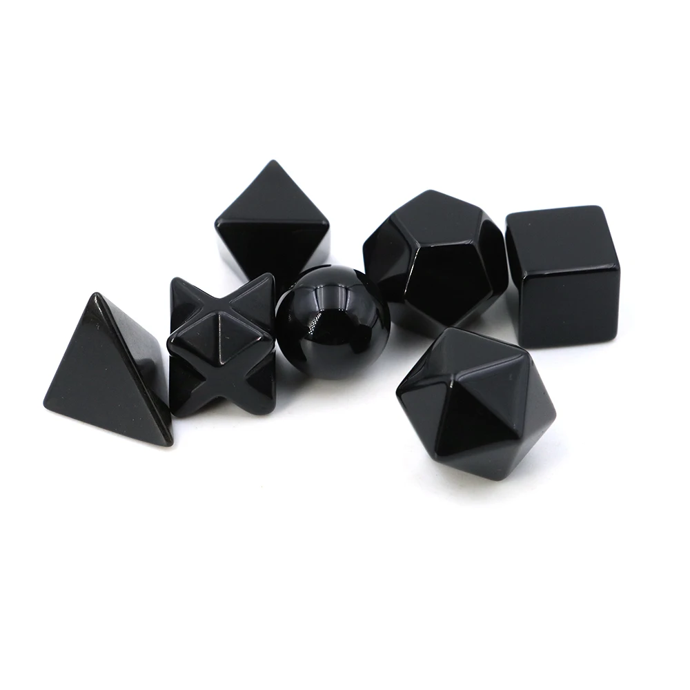 7Pcs Black Obsidian Platonic Solid Sacred Stones Geometry Set Natural Crystals Healing Gems for Meditation Chakra Balancing Gift