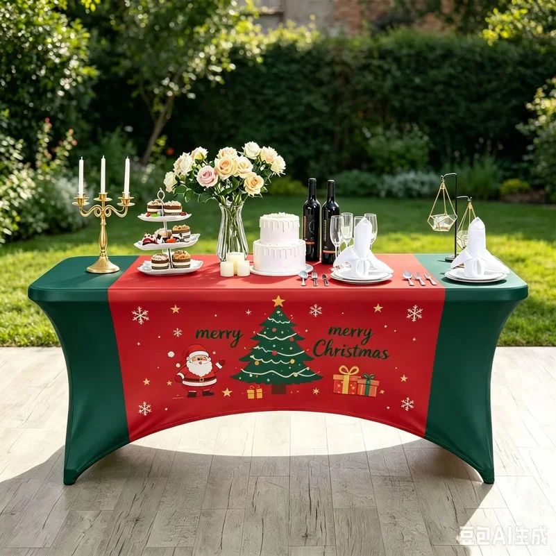Merry Christmas Stretch Spandex Table Cover Fitted Rectangular Elastic Tablecloth Santa Xmas for Wedding Banquet Cocktail Party