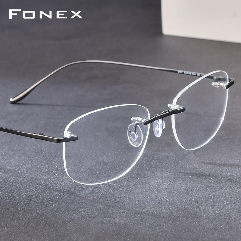 FONEX Alloy Eyeglasses Frame Men New Brand Design Rimless Square Glasses Women Frameless Japanese Ultralight-Weight Eyewear 8107