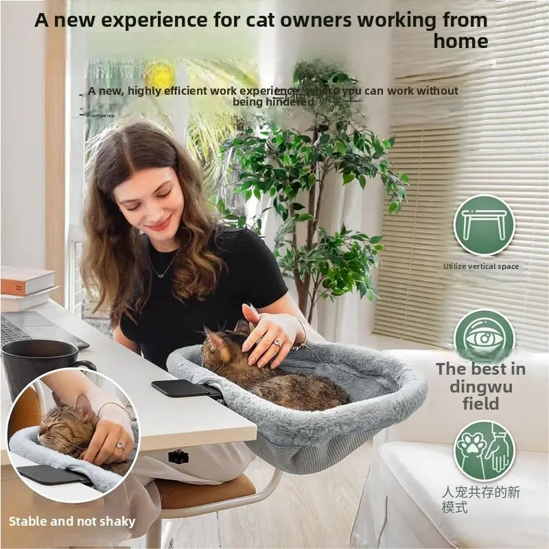 foldable-cat-desk-bed-breathable-mesh-plush-reversible-cat-hammock-under-table-clamp-on-cat-perch-with-durable-steel-frame