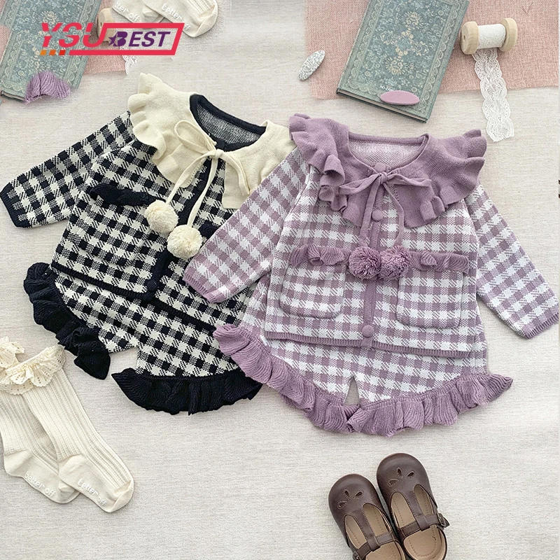 

Toddler Baby Girls Sweater Sets Autumn Infant Baby Girls Clothes Suit Knitted Plaid Cardigan Top+Ruffled PP Shorts +Shawl 3Pcs