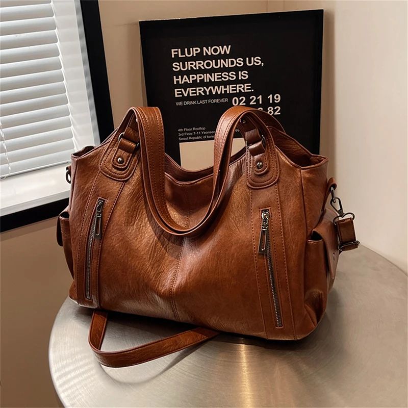 New Large Capacity Soft Leather Women\'s Handbag Fashion Trend Designer Women Shoulder Bag Simple Retro Female Travel Bags Sac