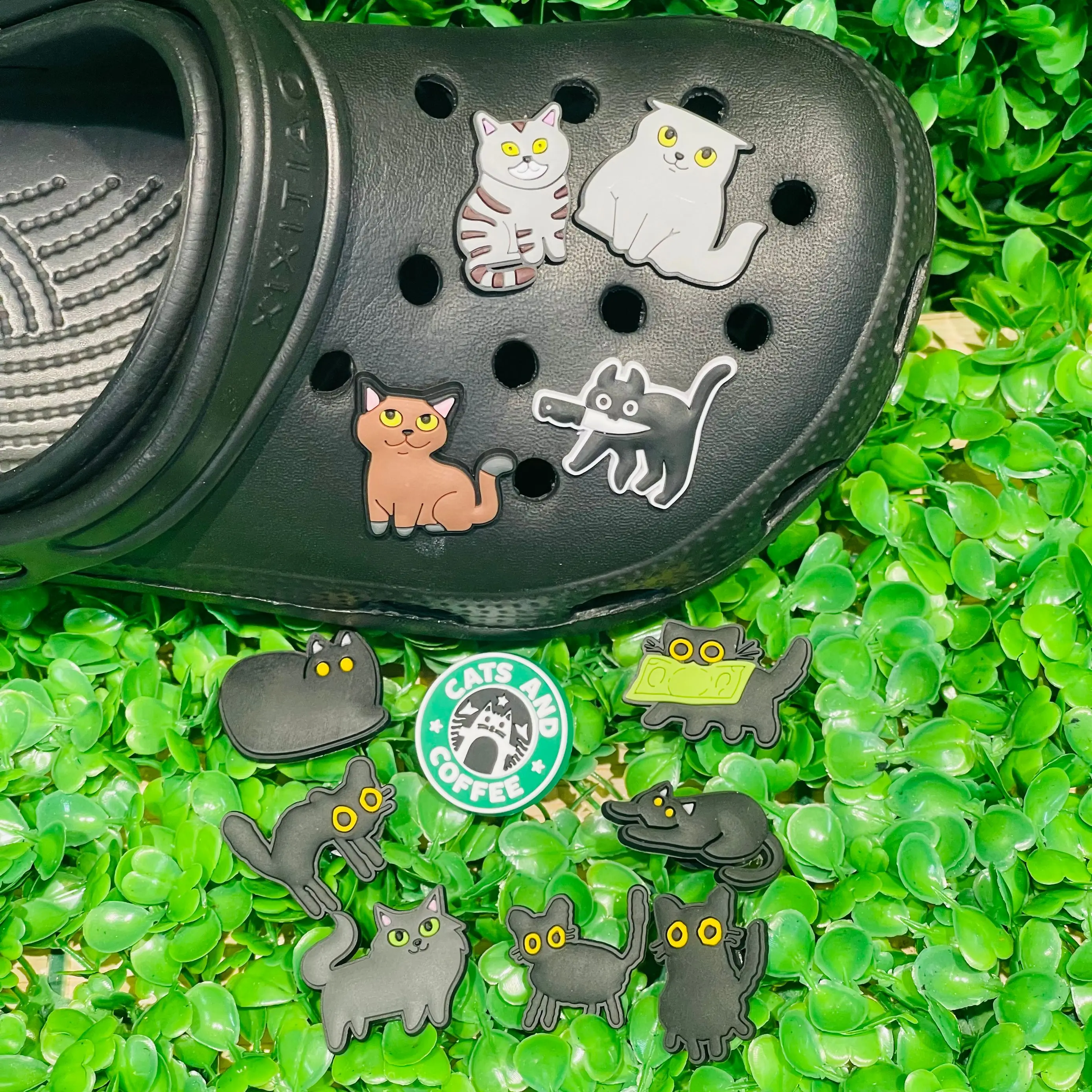 12-100pcs Animals Cartoon Black Cat Shoe Charms PVC Accessories DIY Shoes Buckle Decorations fit Wristband Party Kids Gifts