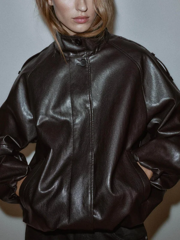 Damska kurtka ze sztucznej skóry w stylu casual, długa, ze stójką, płaszcz ze sztucznej skóry, nowość na jesień i zimę, 638025