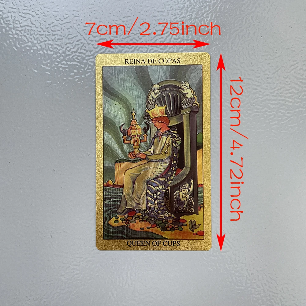 Kartu Tarot Foil emas bahasa Spanyol dan Inggris 12x7cm dek ramalan untuk pemula dengan 2 bahasa panduan buku Toro Taro