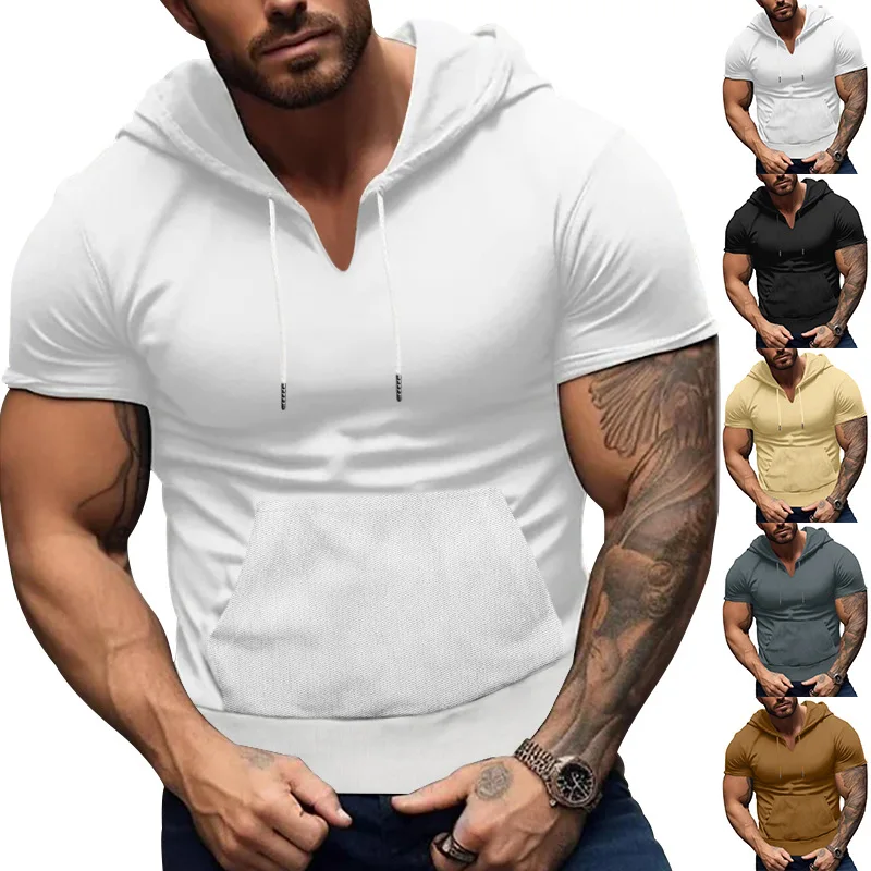 

2024 Sports and Fitness Men's Short Sleeve T-shirt, European and American Men's Hoodie, Foreign Trade Patch Pocket Fit Top