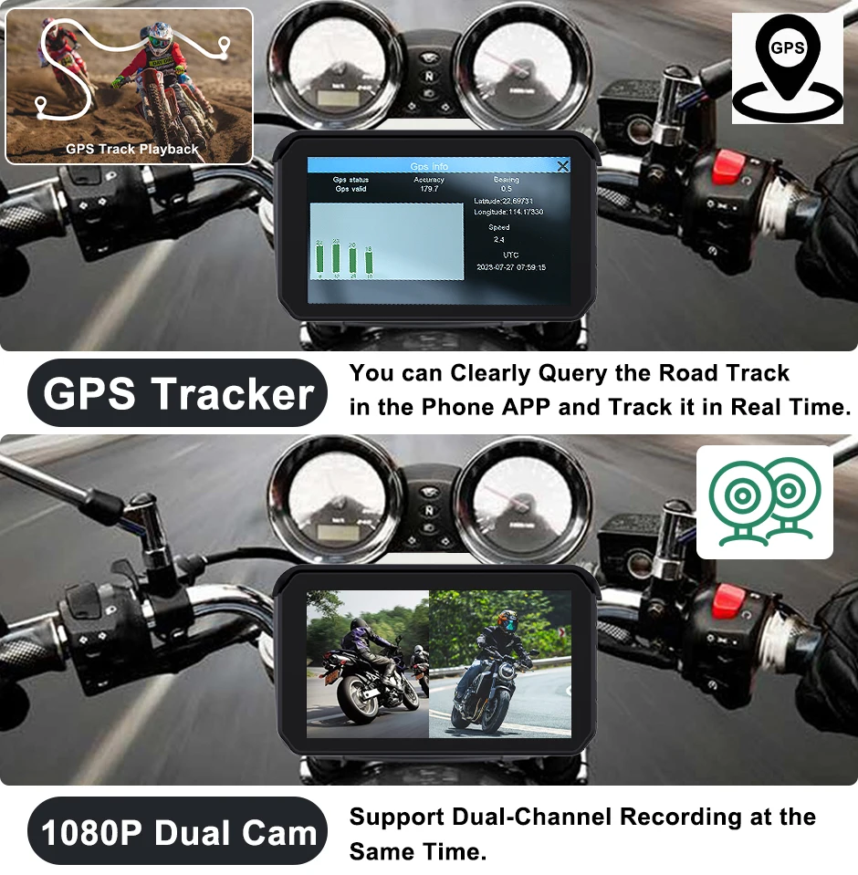 GreenYi-Motocicleta Carplay DVR traço Cam, Camera Display impermeável, Navegação GPS portátil, sem fio Android Auto, 5 ", 1080p