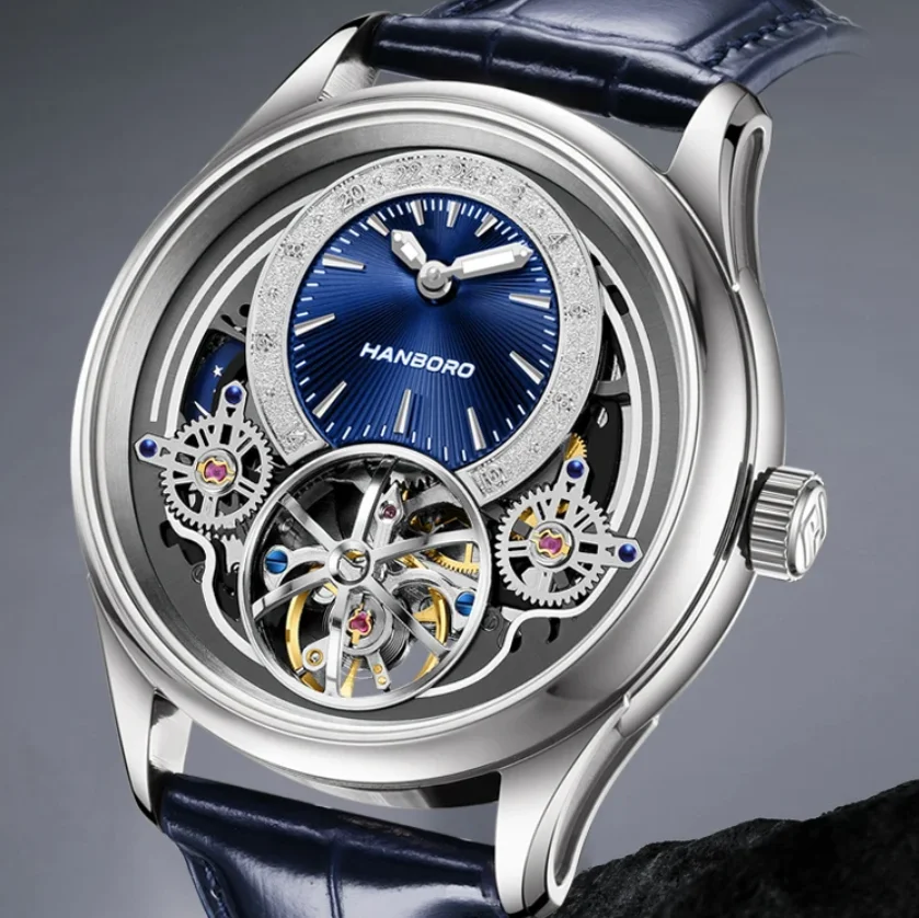 한보로 남성용 오토매틱 시계 41mm 기계식 손목시계 5Bar 방수 사파이어 야광 스켈레톤 플라이휠 다이얼