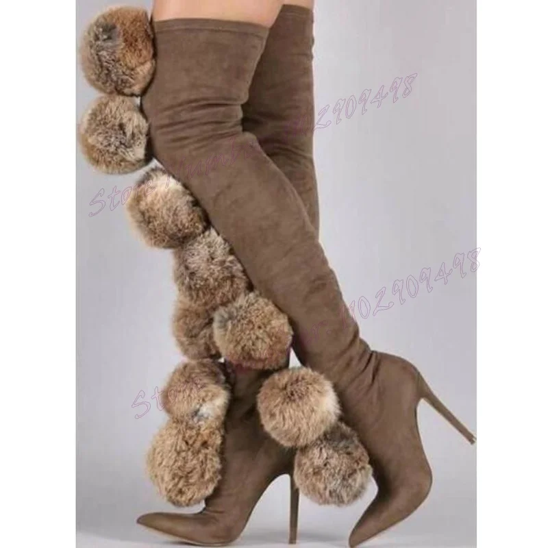 Rosa flauschige Overknee-Stiefel spitze Zehen schuhe für Frauen Stilettos High Heels sexy Winters chuhe 2024 zapatos para mujere