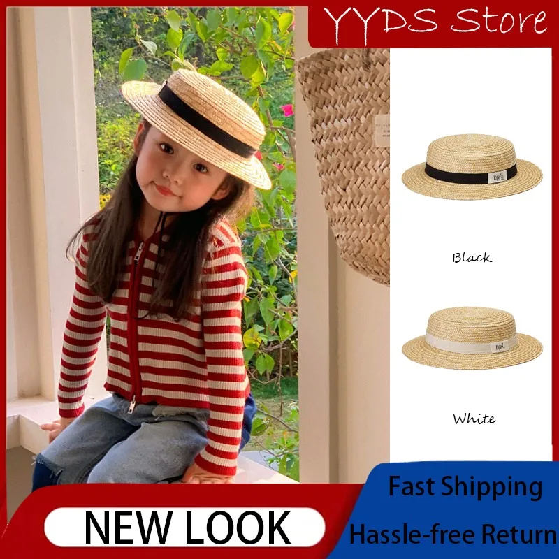 ins-niche-kids-wheat-straw-hat-french-riviera-retro-flat-top-cute-woven-sun-cap-for-summer-outdoor