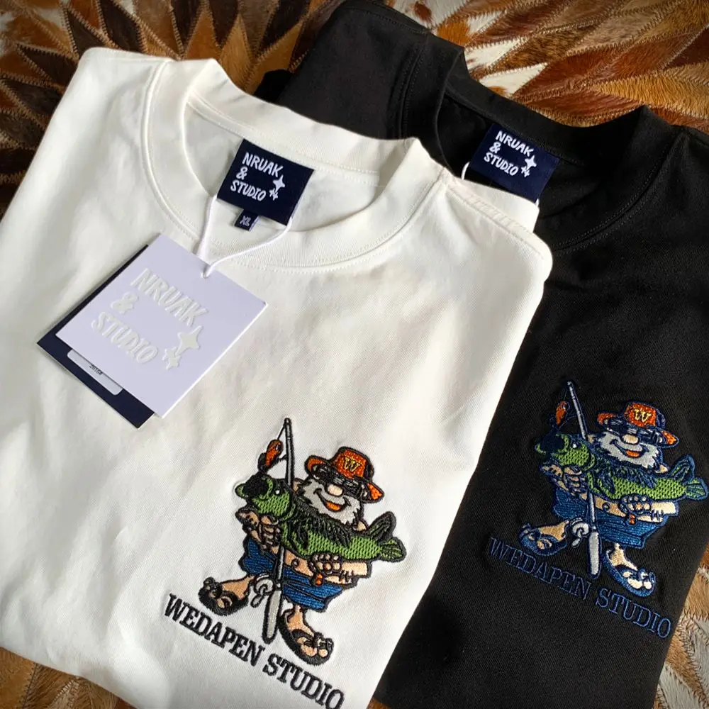 

Летняя мультяшная вышивка, Хлопковая мужская футболка с коротким рукавом, свободная черная футболка