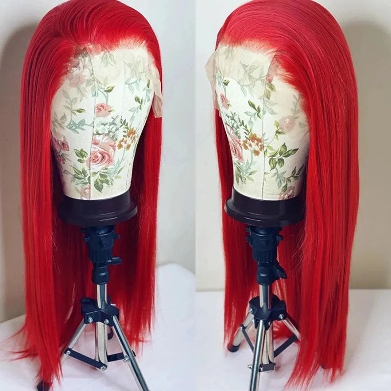 QW  Silky Straight Bright Red Colored Wig Soft Synthetic Hair Lace Wigs 13x4 Lace Front Wig Heat Resistant Fiber Cosplay