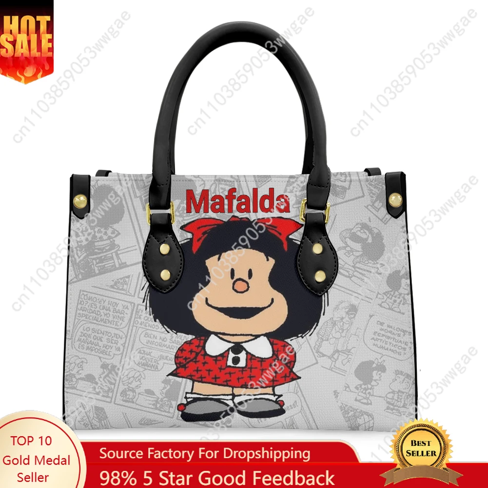 

Mafalda Tote Bags Purse Womens Mens Fashion Personalized Text Image PU Leather Customized Handbags Commuter Shopping Gift Bags