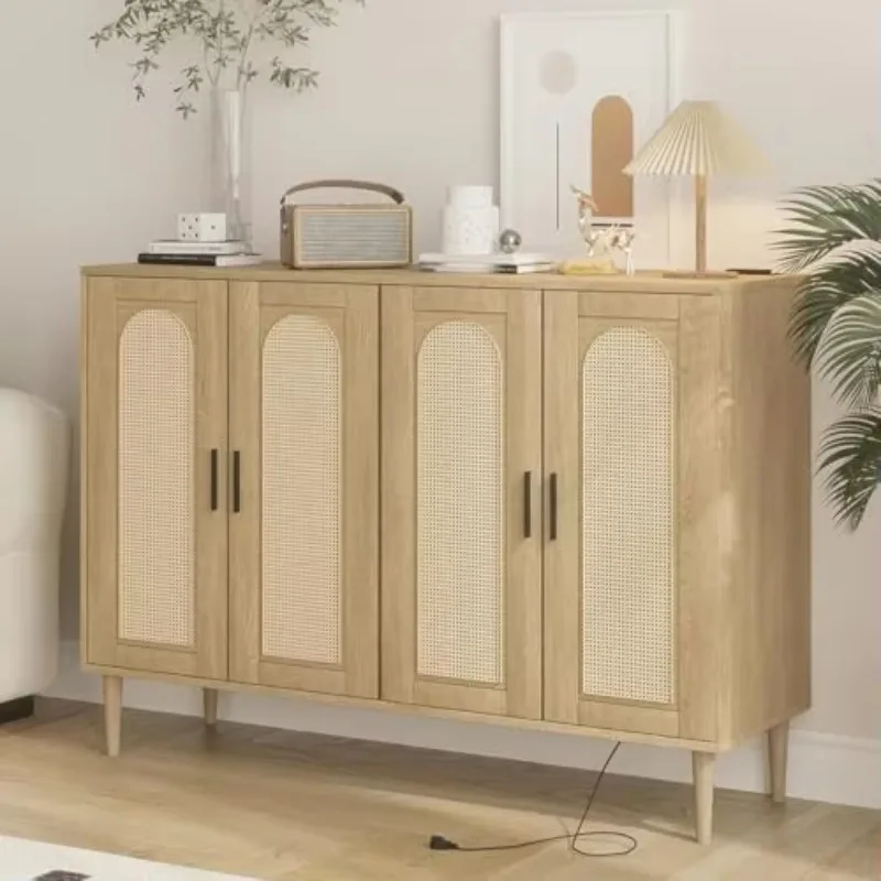 Rattan Sideboard Buffet Cabinet, Boho Accent Storage Cabinet, 4 Doors Console Table Coffee Bar with Power Outlet