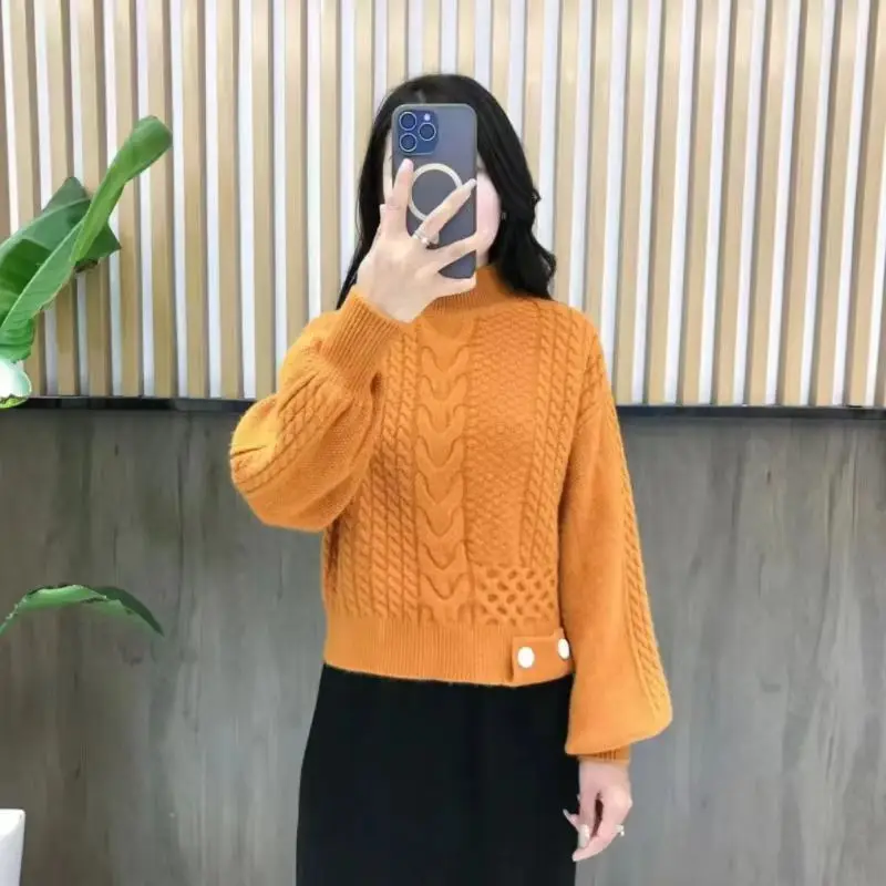 Maglione intrecciato collo mezzo alto pullover addensato autunno e inverno maglia allentata dimagrante nuovo top a maniche lunghe E11594