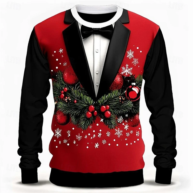 

Christmas Cosplay Print Fake Suit Lapel Funny Ugly Sweater For Men Long Sleeve Red Pullover Sweatshirt Home Party Sweaters 2026