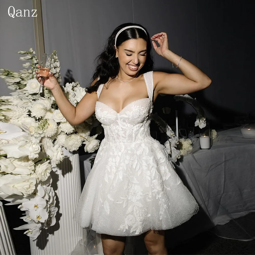 

Qanz Sparkle Wedding Party Dress Spaghetti Straps Glitter Short Robe De Mariée Appliques Lace Corset Vestido De Novia Cortos