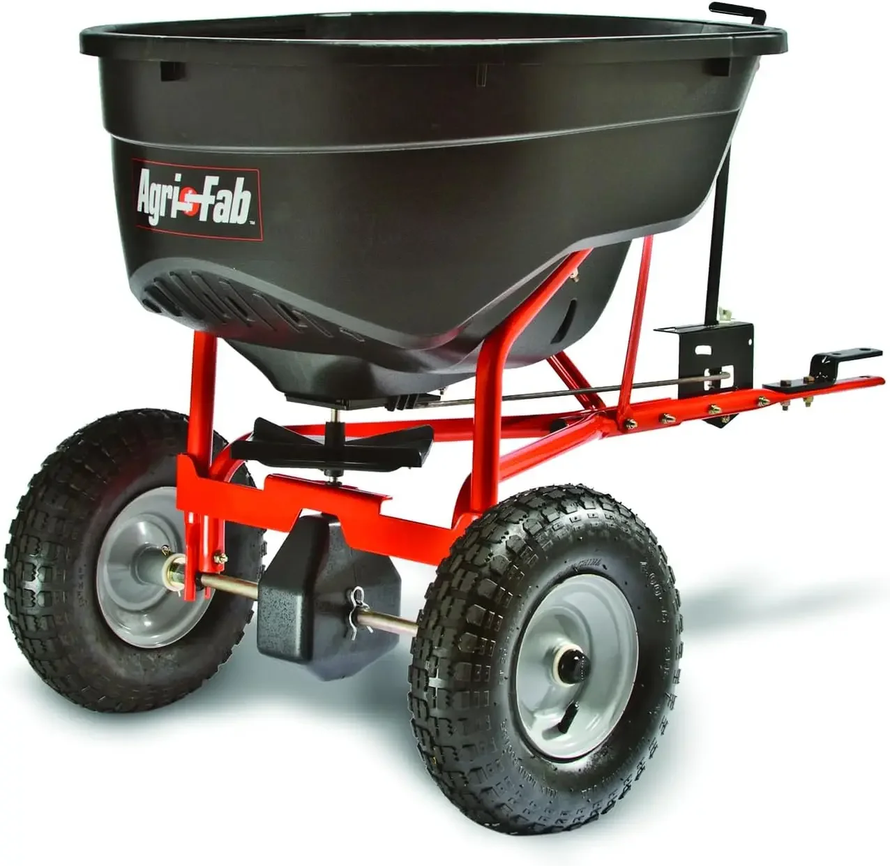 Pull Behind Broadcast Spreader for Seed, Fertilizer, Salt and Ice Melt, 130 lb Hopper Capacity with Universal Hitch and 12 Ft