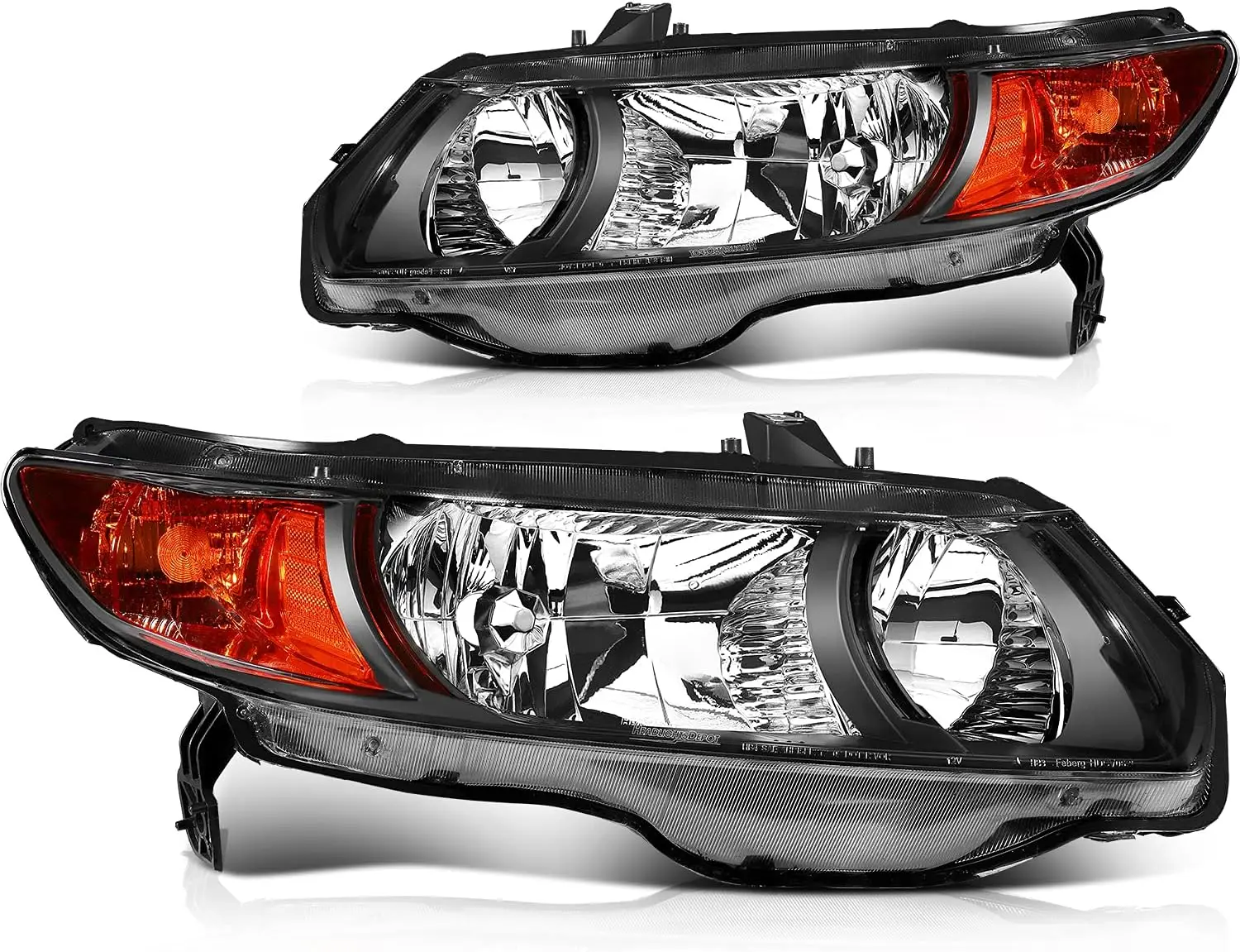 Headlight Assembly Pair For Honda Civic Coupe 2006-2011 2 Door Coupe Black Housing Amber Reflector Clear Lens Driver and Passen