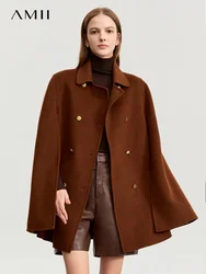 AMII Women's Woolen Coat 2023 Winter New Lapel Leather Belt Wool Cashmere Double-sided Cape Y2K Vintage Long Blends 12344065