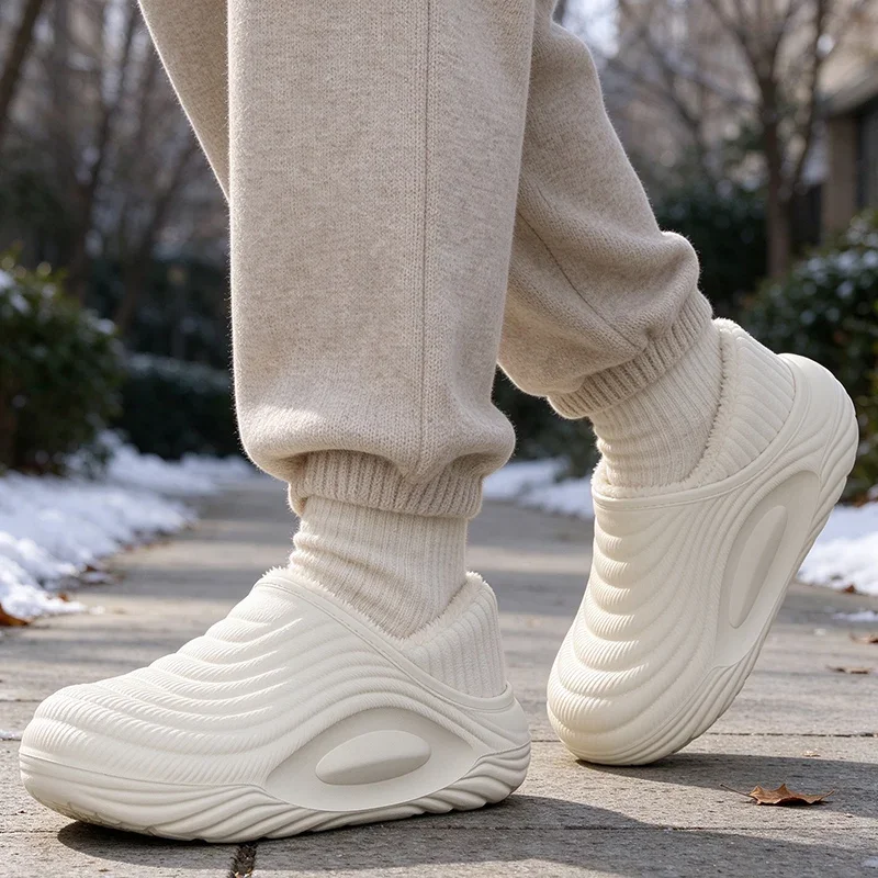 Winter 2026 Waterproof Cotton Padded EVA Outdoor Slippers Men  Warm Long Plush Casual Shoes Man Soft Thick Sole Home Slides Male