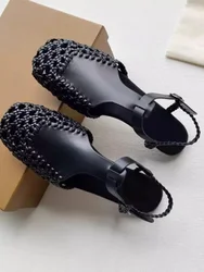 Retro Roman Leather Braided Sandals for Women Fashion Catwalk Pumps Flats French Style Mary Janes Ladies Buckle Strap Shoes