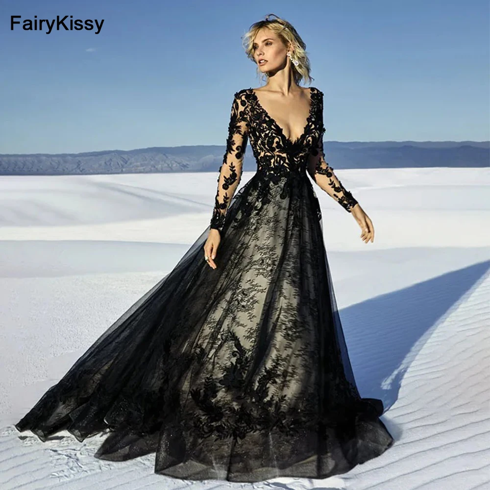 

FairyKissy Sexy V Neck Lace Appliqued Long Sleeves Tulle Wedding Dresses Black Sweep Bride Dress Bridal Gown Vestido De Noiva