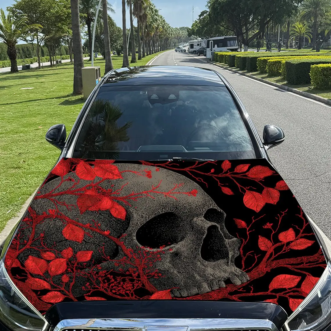 Car Decals A Skull Amidst A Background With Red, Patterned Elements Car Hood Sticker, Waterproof Self - Adhesive Vinyl Graphics