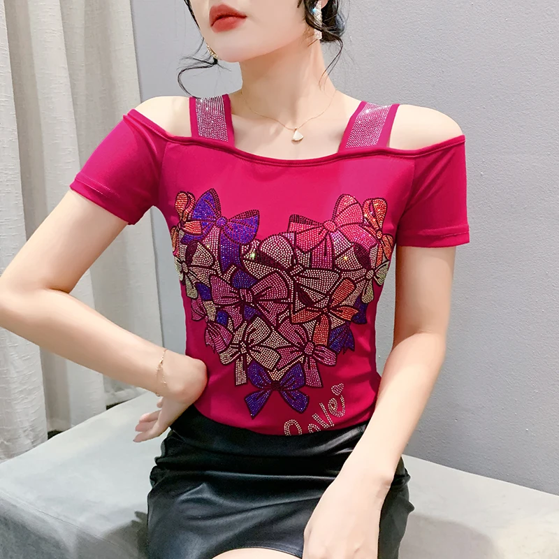 M-3XL Nieuwe 2025 Zomer Europese Dames T-Shirt Sexy Off Schouder Glanzende Diamanten Mesh Vrouwen Tops Alle Match Tees Blusas